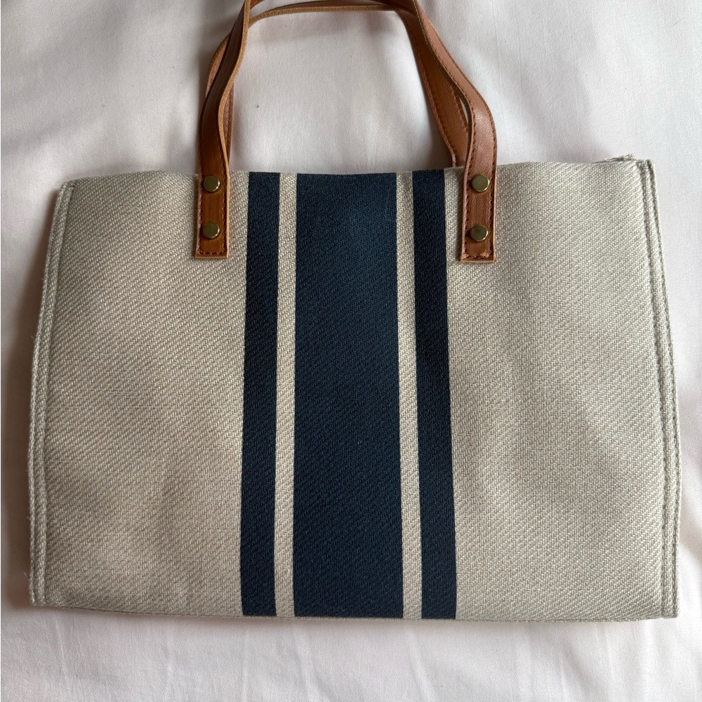 Stylish Beige and Navy Tote Bag